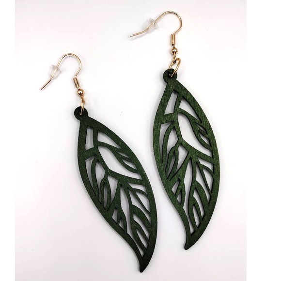 Green Leaf Plant Drop Hollow Earrings - Picture 3 of 5